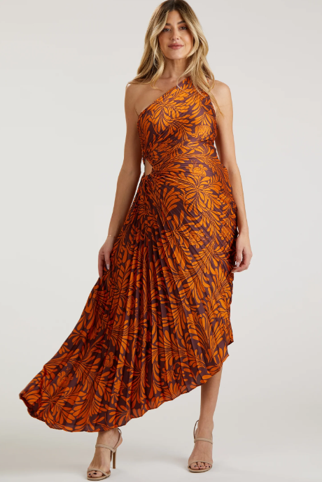 Pleated Print One Shoulder Maxi Dress