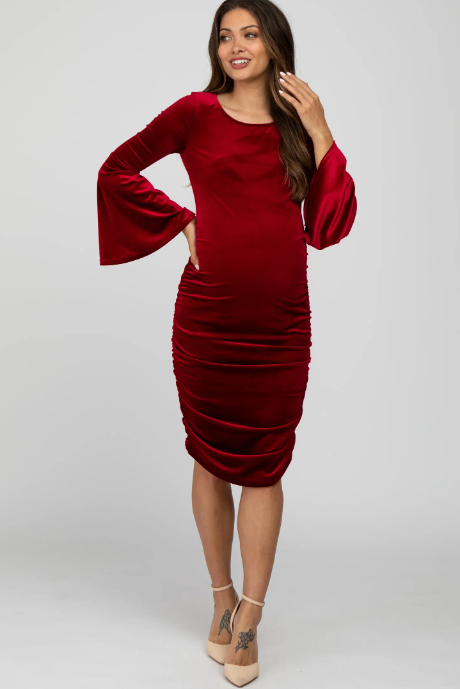 Velvet Ruched Bell Sleeve Dress