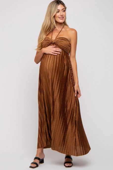 Pleated Halter Neck Maxi Dress